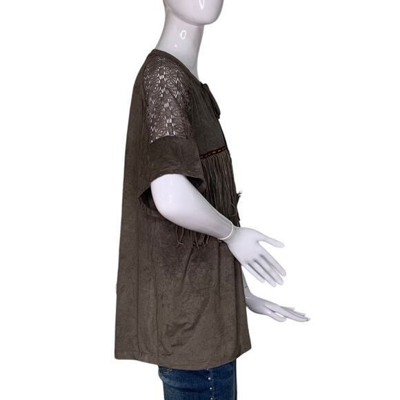 Umgee Fringe Top Short Sleeve Gray Pullover Tie on Neck Size S - Picture 7 of 9